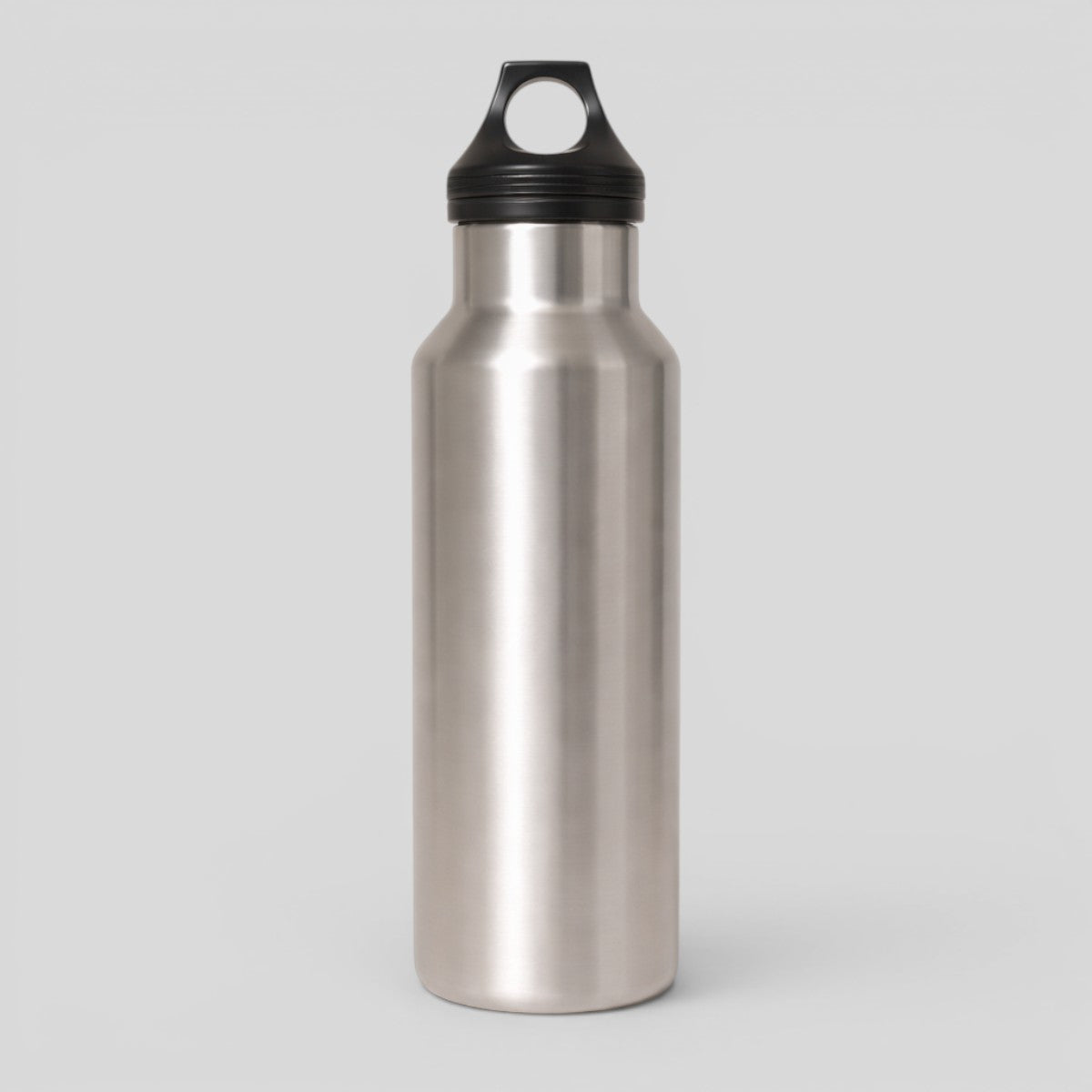 Stockk silver aluminum sports water bottle with black screw-top lid and carrying loop. Ideal for sports and travel.