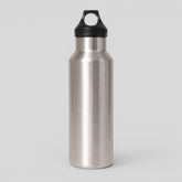 Stockk silver aluminum sports water bottle with black screw-top lid and carrying loop. Ideal for sports and travel.