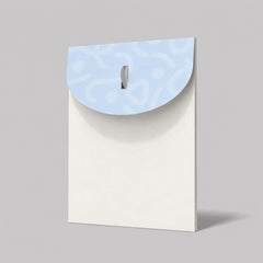 Stockka A4 standing cardboard folder with round tab and smart slot closure, light blue patterned flap.