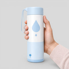 Stockka blue and white BPA-free plastic water bottle with carrying strap and water drop design.