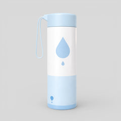 Stockka blue and white BPA-free plastic water bottle with carrying strap and water drop design.