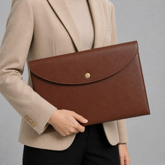 Stockka brown faux leather document holder with metal snap closure, perfect for office or events.