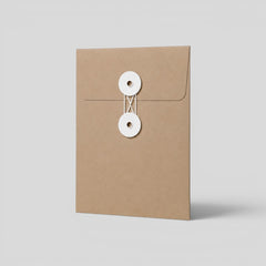 Stockka brown kraft paper envelope with white string and disc closure, ideal for documents and invitations.