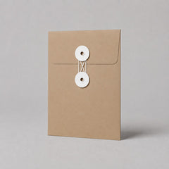 Stockka brown kraft paper envelope with white string and disc closure, ideal for documents and invitations.