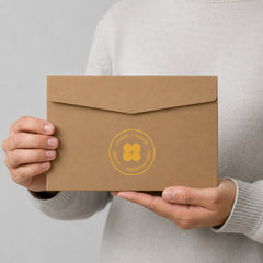 Stockka brown paper envelope with a straight back flap held by a person in a beige sweater for professional branding