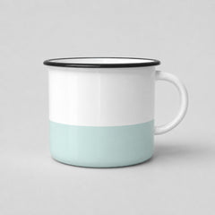 Stockka ceramic camping-style mug in white and light blue with a black rim and compact handle