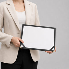 Stockka certificate holder in black with gold corner accents, designed for standing display. Made of rigid cardboard with a laminated finish.