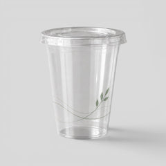 Stockka clear PET plastic cup with flat lid and subtle green leaf design, ideal for cold drinks and takeaway.