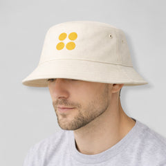 Stockka cream cotton bucket hat with yellow circle pattern embroidery. Unisex, adjustable fit.