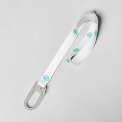 Stockka cream polyester lanyard with metal hook and turquoise logo, ideal for ID badges and keys.