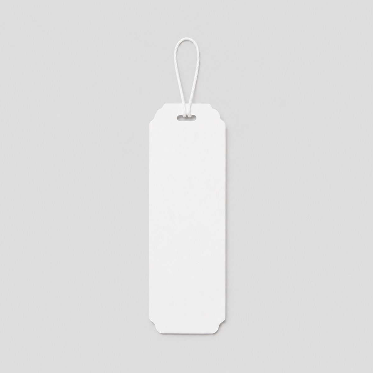 Stockka white custom branded bookmark with a loop for a string, made of coated paper or SBS cardboard.