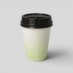 Stockka double-walled paper cup with black lid, white and green gradient design, 320ml capacity.