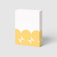 Stockka white rectangular folding box with yellow abstract pattern, top opening, bottom closure.
