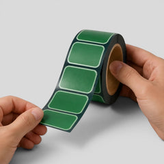 Stockka roll of green rectangular stickers with rounded corners, ideal for product branding and packaging.