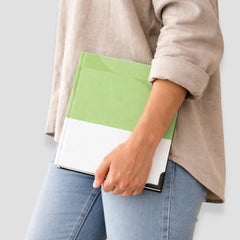Stockka hard cover notebook with a two-tone green and white design, 80 lined pages, perfect for customisation.