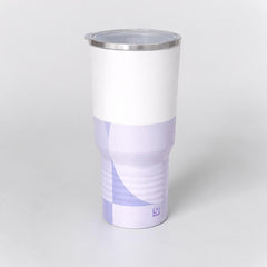 Stockka white and light purple insulated tumbler with clear lid and non-slip base. Stainless steel.