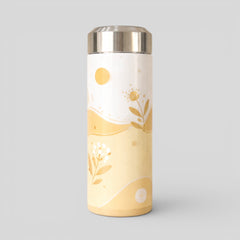 Stockka insulated stainless steel water bottle with a metallic screw-on cap, featuring a white and yellow floral wave design.