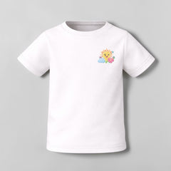 Stockka white cotton t-shirt for kids with a cute sun, clouds, and flowers graphic. Short sleeves, soft fabric.