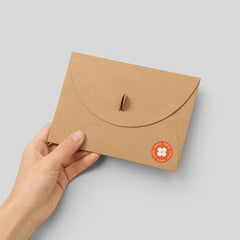 Stockka brown kraft paper envelope with a round flap and metal clip closure held in a hand