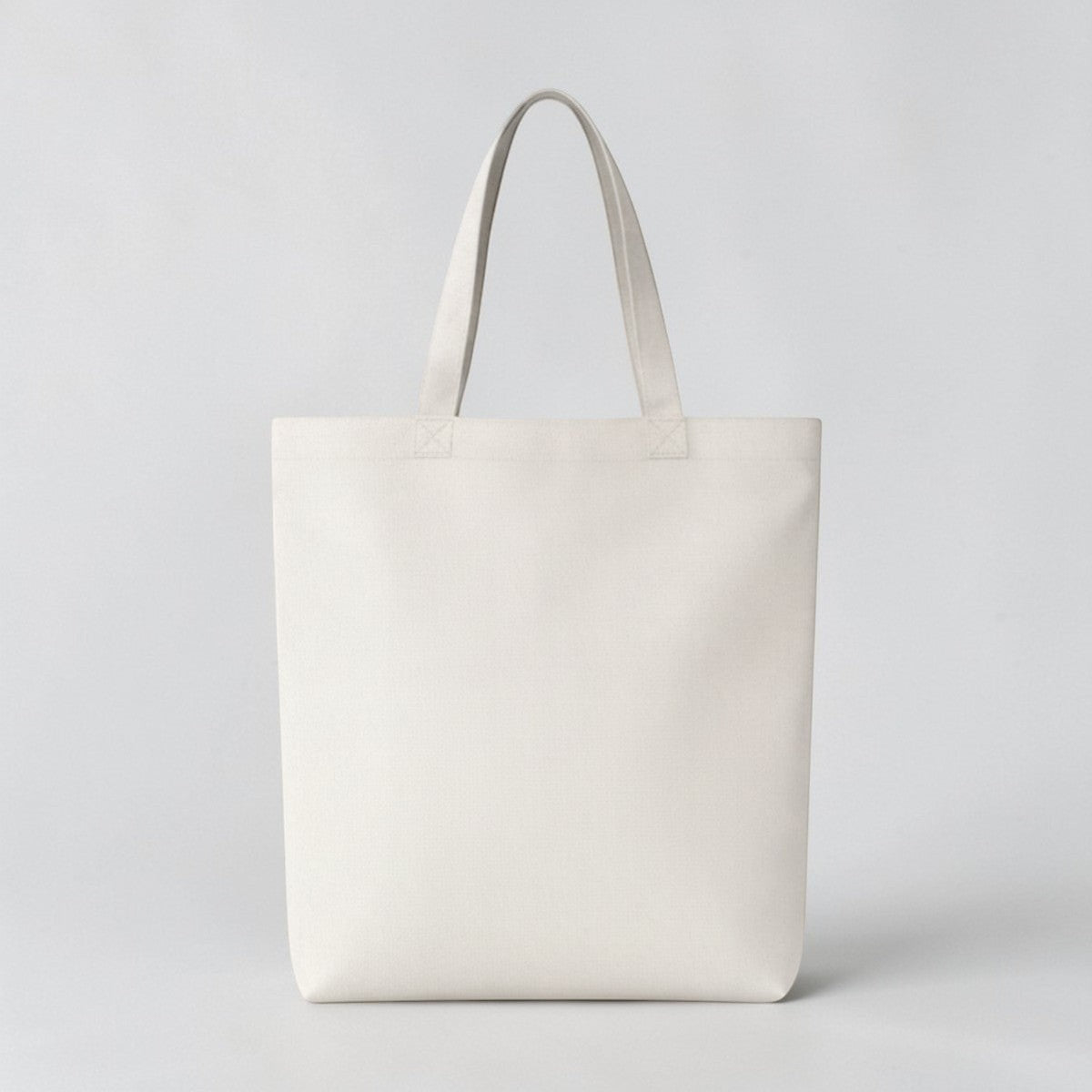 Stockka natural cotton canvas tote bag with a geometric lavender pattern on the bottom half.