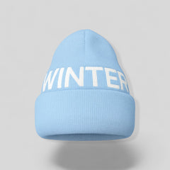 Stockka light blue acrylic knit beanie with white "WINTER" text, double knit for warmth.