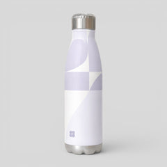 Stockka insulated stainless steel water bottle in white with a geometric lilac pattern and silver cap.