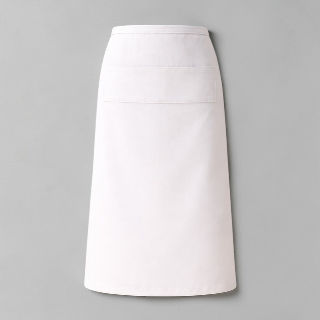 Stockka long white waist apron with vertical stripes and a pocket, made of cotton-polyester blend for restaurant or cafe use.