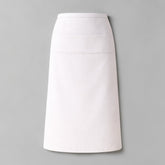 Stockka long white waist apron with vertical stripes and a pocket, made of cotton-polyester blend for restaurant or cafe use.