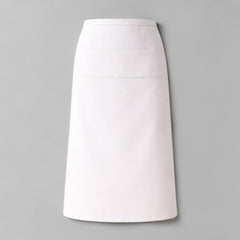 Stockka long white waist apron with vertical stripes and a pocket, made of cotton-polyester blend for restaurant or cafe use.
