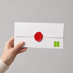 Stockka white 250g paper envelope held by hand, featuring a red wax seal for formal invitations and luxury branding.