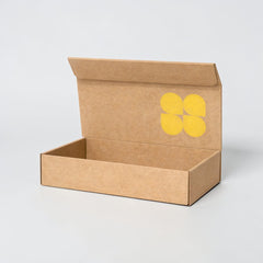 Stockka magnetic closure gift box made of rigid cardboard with a yellow logo. Ideal for luxury products and gift packaging.