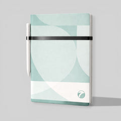 Stockka mint green abstract pattern hardcover notebook with pen holder and black elastic closure. 80 lined pages.