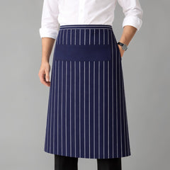 Stockka navy blue striped waist apron with pocket, made from a cotton-polyester blend. Ideal for hospitality.