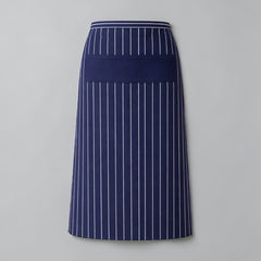 Stockka long navy blue striped apron with white pinstripes and a front pocket. Made from a cotton-polyester blend.