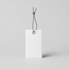 Stockka white oval embossed hang tag with reinforced eyelet and grey string
