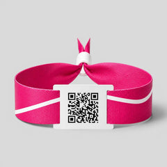Stockka pink polyester fabric wristband with white stripe and PVC card with QR code for NFC access