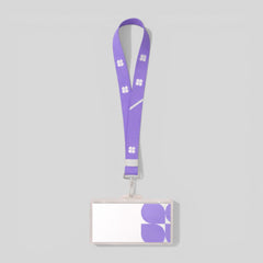Stockka purple polyester lanyard with white flower pattern and badge holder, ideal for events and identification.