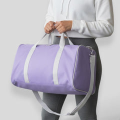 Stockka lavender purple polyester duffel bag with white straps and silver hardware, perfect for travel and sports.