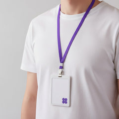 Stockka thin purple polyester lanyard with ID card holder and metal clip, featuring a small purple flower design.