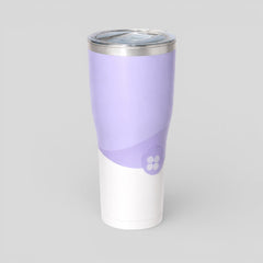 Stockka tall thermal tumbler with clear lid, double-walled stainless steel, two-tone purple and white design with floral logo.