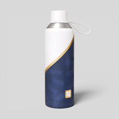 Stockka white and navy blue reusable water bottle with gold accent and carrying strap. Metal construction with secure lid.