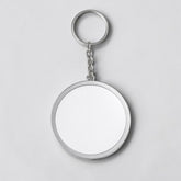 Stockka customisable round acrylic keychain with silver metal frame and chain. Perfect for logos, designs, or photos.