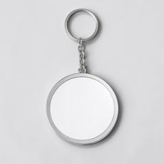 Stockka customisable round acrylic keychain with silver metal frame and chain. Perfect for logos, designs, or photos.