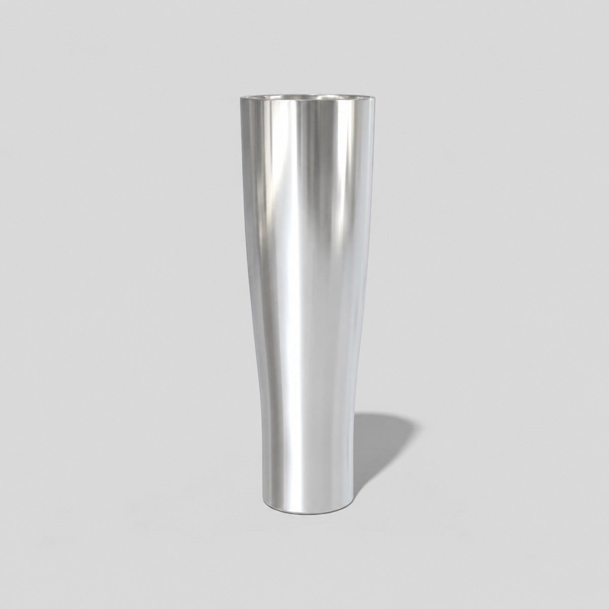 Stockka tall, narrow, silver stainless steel thermal tumbler with a smooth metallic finish, ideal for hot or cold drinks.