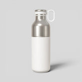 Stockka silver stainless steel and white plastic water bottle with side handle, ideal for sports or work.