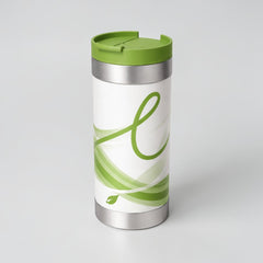 Stockka stainless steel thermal mug with green lid and swirl design, ideal for hot drinks on the go.