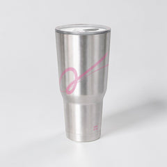 Stockka stainless steel tumbler with flat lid and pink swirl design. Insulated for hot or cold drinks.