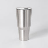 Stockka brushed stainless steel tumbler with flat lid, ideal for travel and office use.