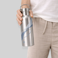 Stockka stainless steel water bottle with vacuum insulation, blue wave design, and D-ring handle. BPA-free, 800ml.