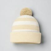 Stockka cream and white striped acrylic knit beanie with pompom. Double knit for warmth.